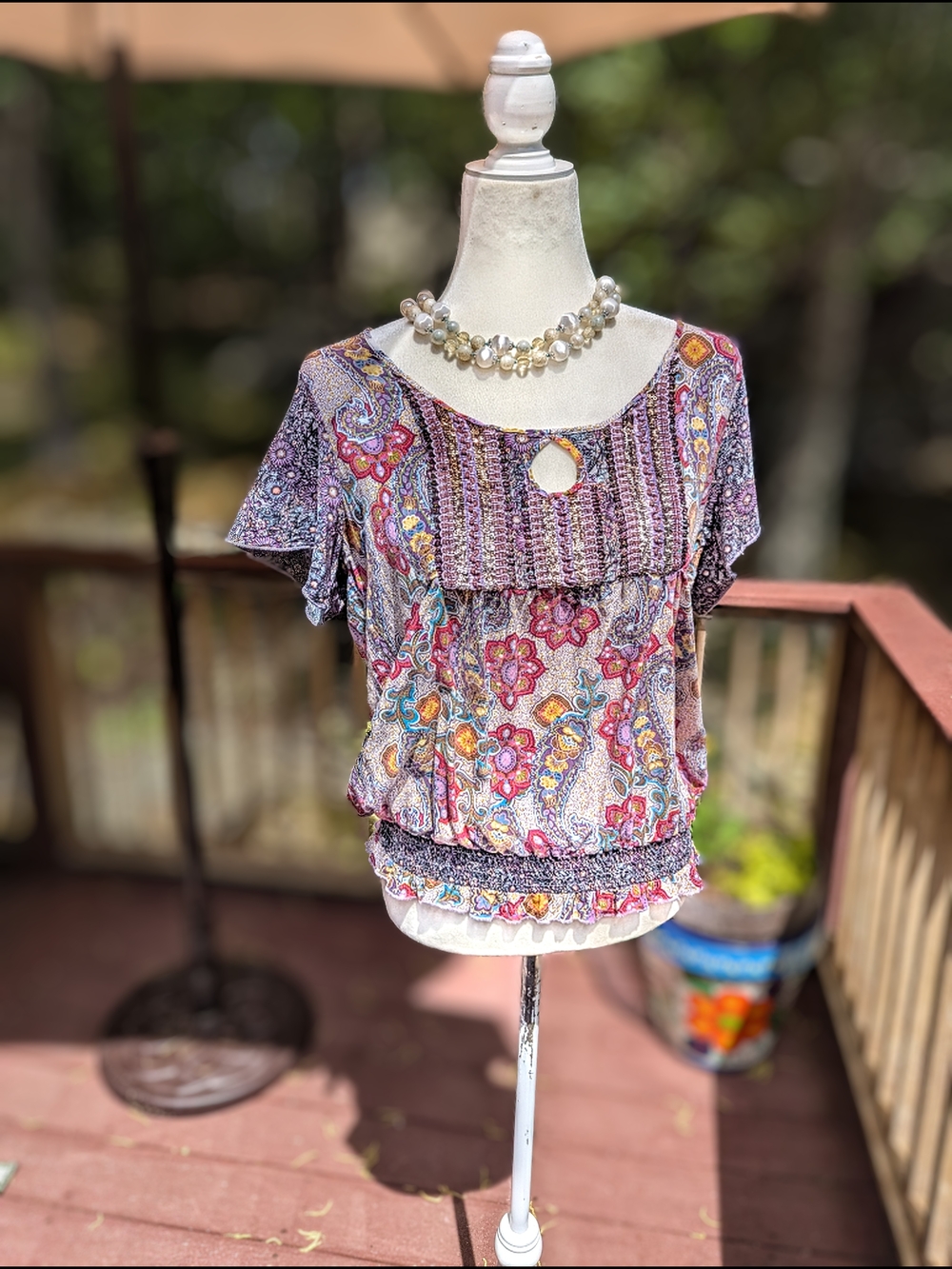 ONE WORLD Purple Floral Keyhole Boho Blouse